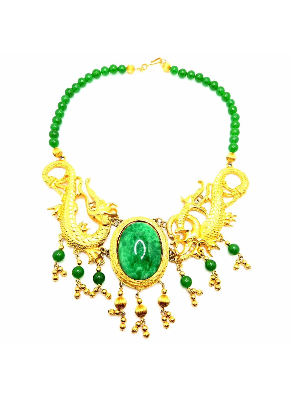 Vintage Designer Runway Statement Necklace with Massive Dragon Motif, Gold-Tone Metal and Faux Green Jade Beads