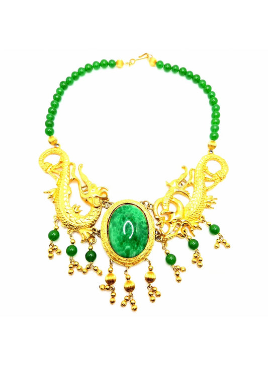 Vintage Designer Runway Statement Necklace with Massive Dragon Motif, Gold-Tone Metal and Faux Green Jade Beads