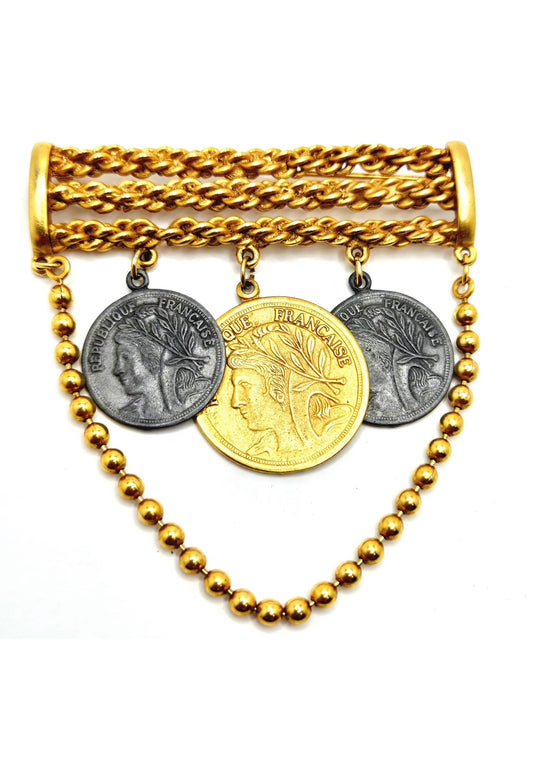 Vintage Republique Francaise Faux Coins Dangle Gold Tone Chain Brooch Pin Designer Runway