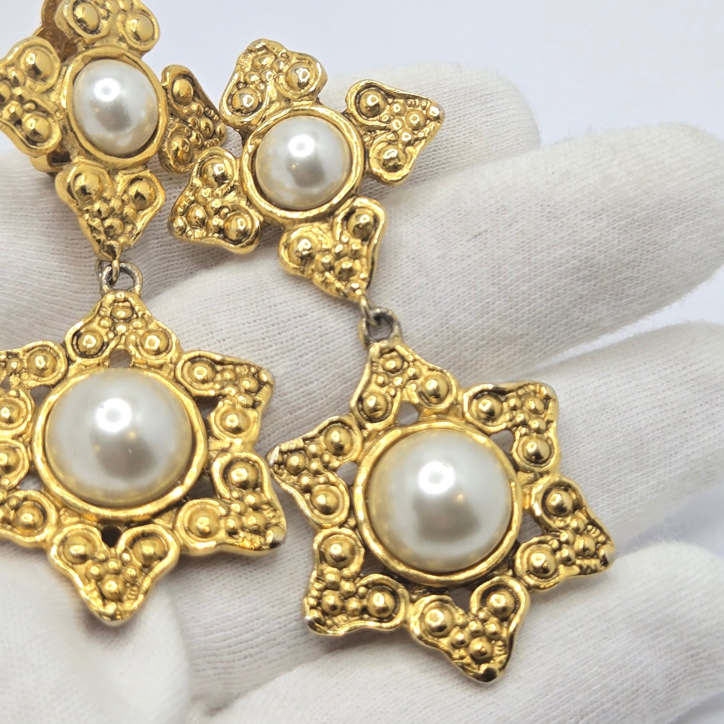 Vintage Designer Runway Large Cross Star Gold tone Faux pearl Dangle CLIP on EARRINGS