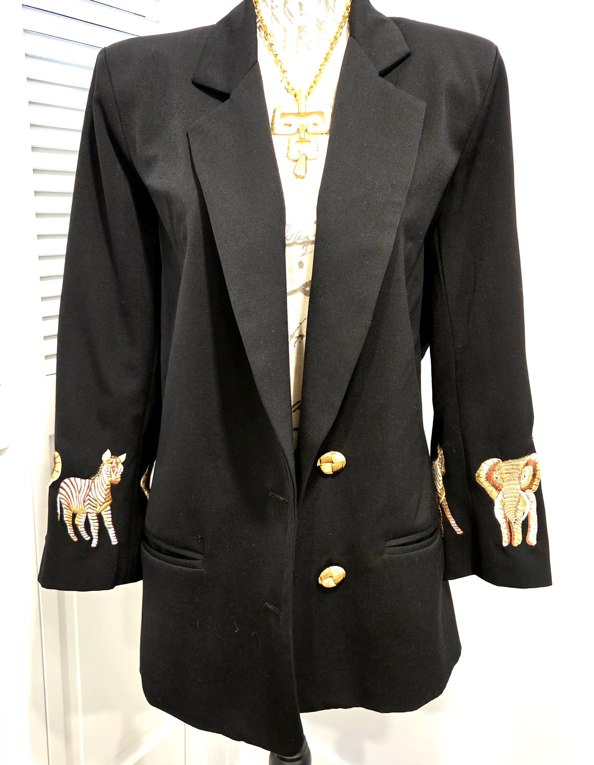 Vintage JENNA Black Wool Blazer Shoulder Pads Safari Animal Embroidered Cuffs Size 14