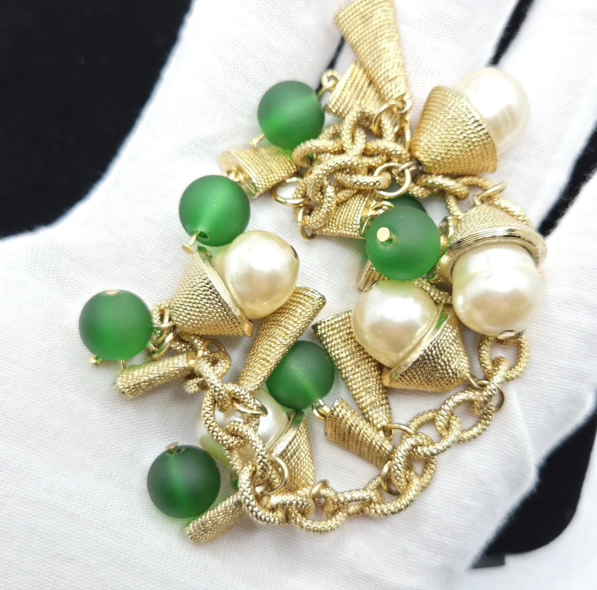 Vintage Gold-Tone Charms Dangle Bracelet with Faux Pearls & Green Glass Beads
