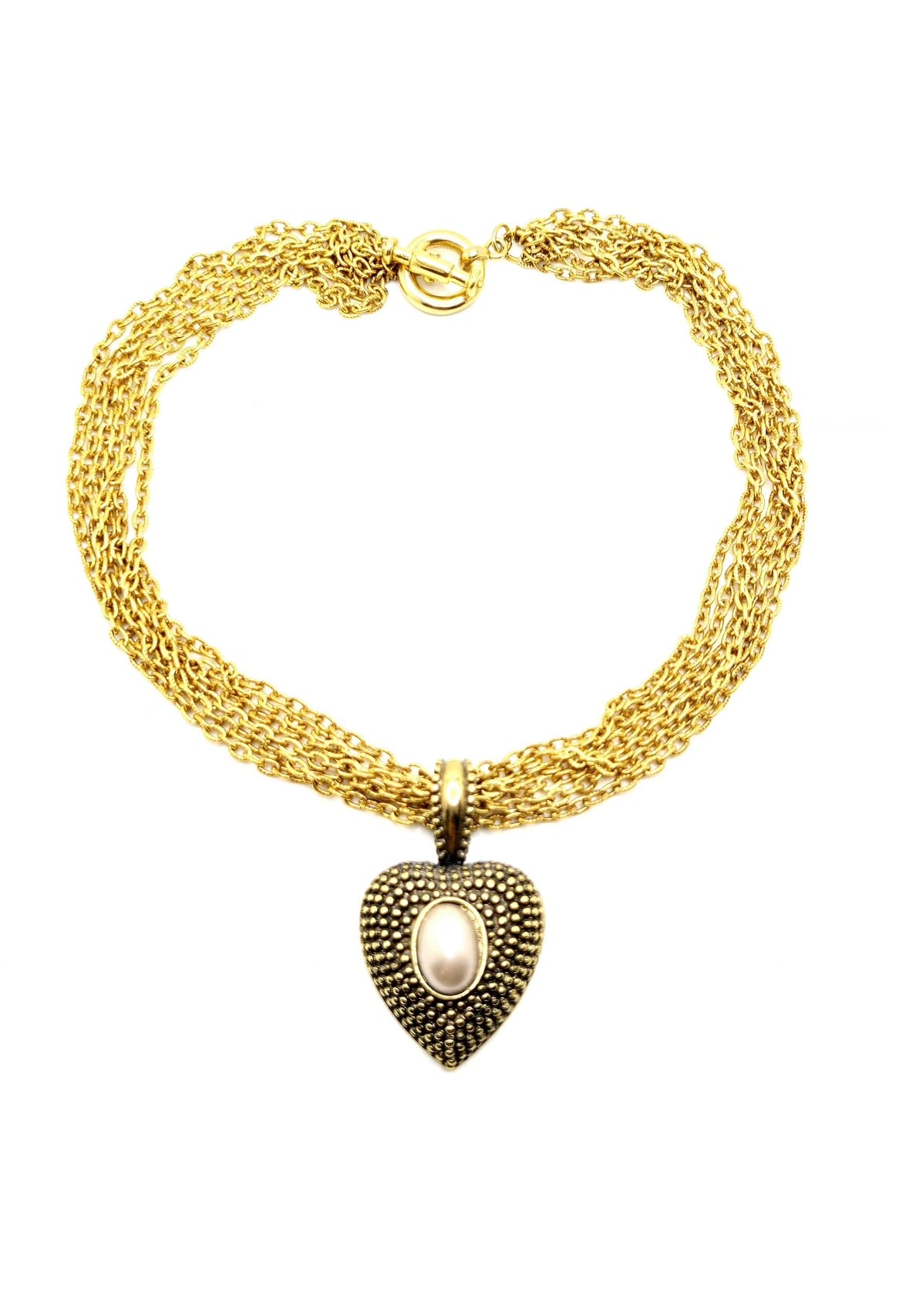 Vintage Gold-Tone Multi-Chain Necklace with Heart Pendant and Faux Pearl