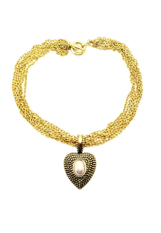 Vintage Gold-Tone Multi-Chain Necklace with Heart Pendant and Faux Pearl