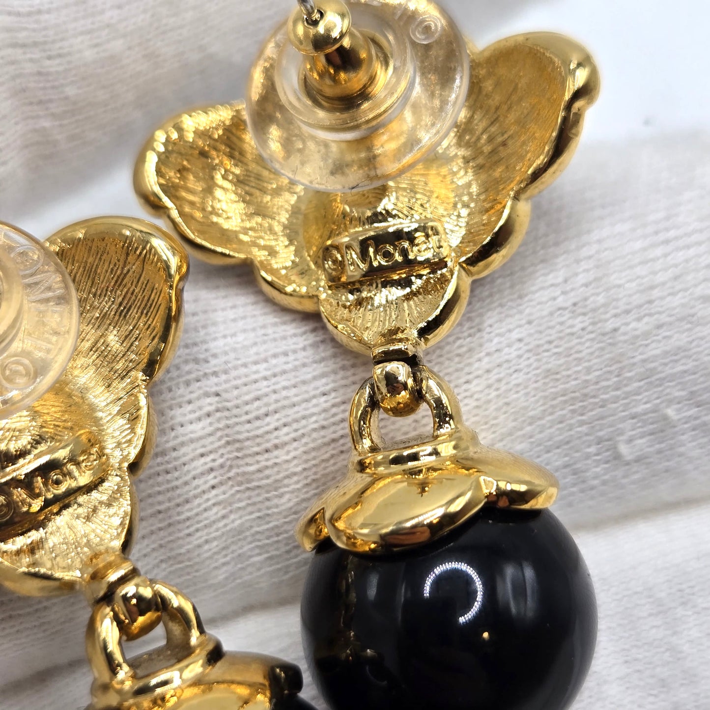 Vintage MONET red Rhinestone black enamel dangle earrings designer runway