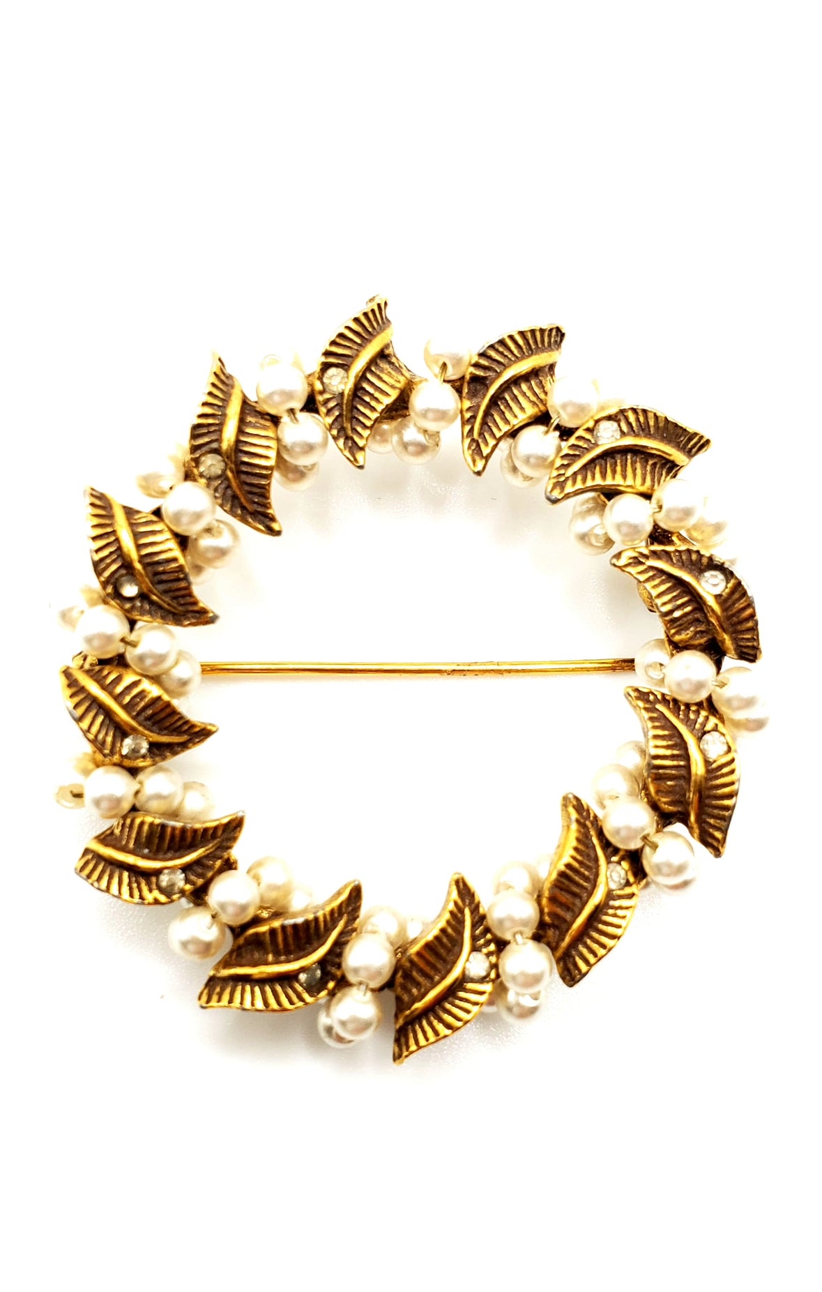 Vintage Leaves and Faux Pearls Wreath Brooch Pin
