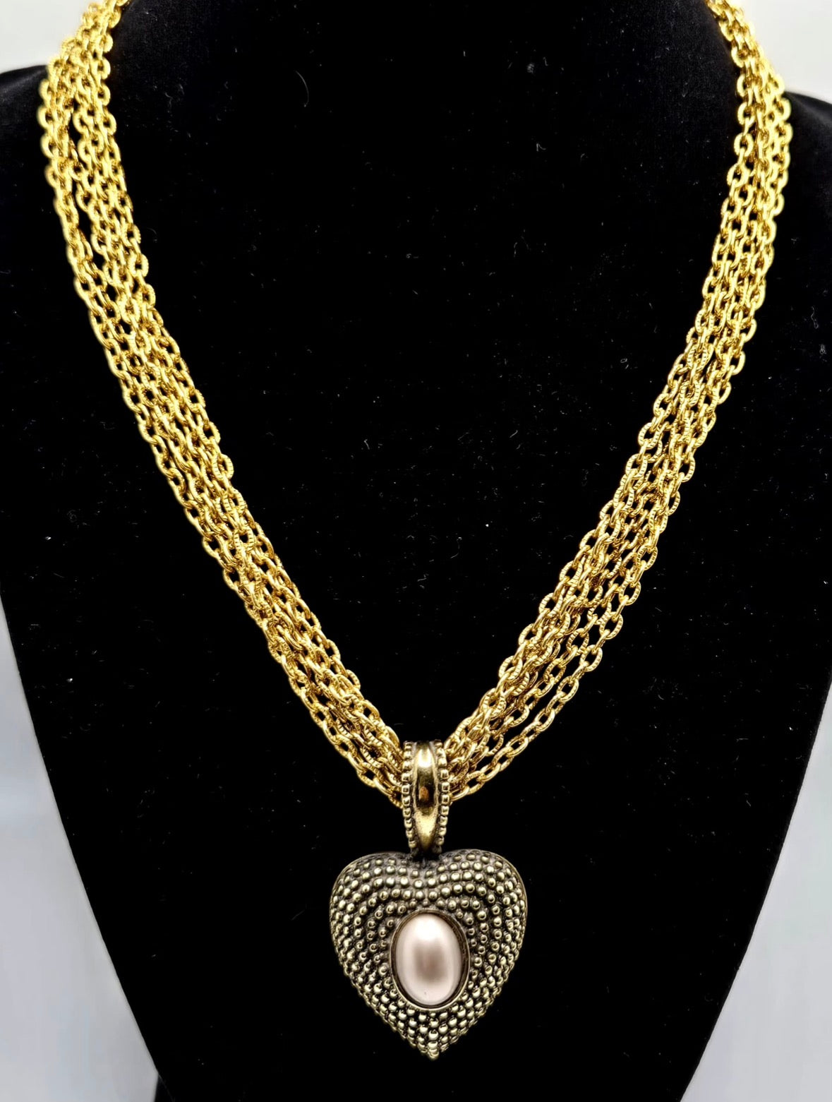Vintage Gold-Tone Multi-Chain Necklace with Heart Pendant and Faux Pearl