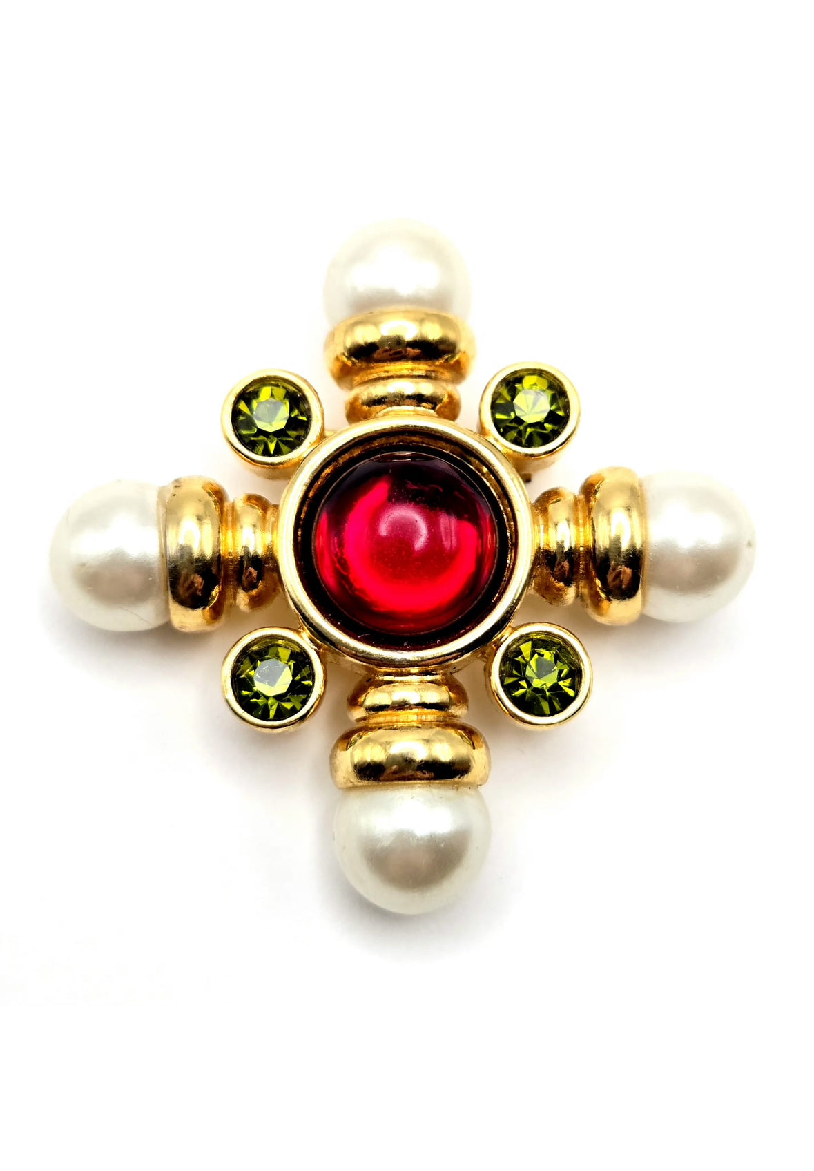 Vintage AVON Gripoix Maltese Cross, Green Rhinestones, Faux Pearls, Red Cabochon, Gold Tone Brooch Pin