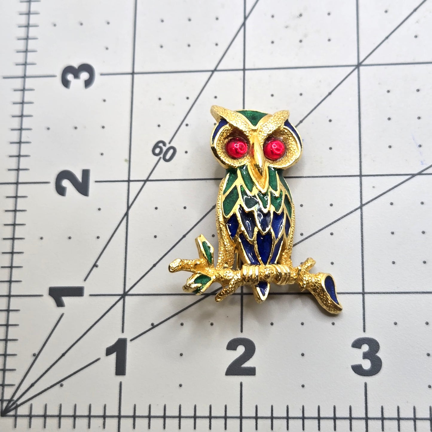 Vintage POLCINI Owl green blue enamel red Cabochon Eyes Brooch Pin