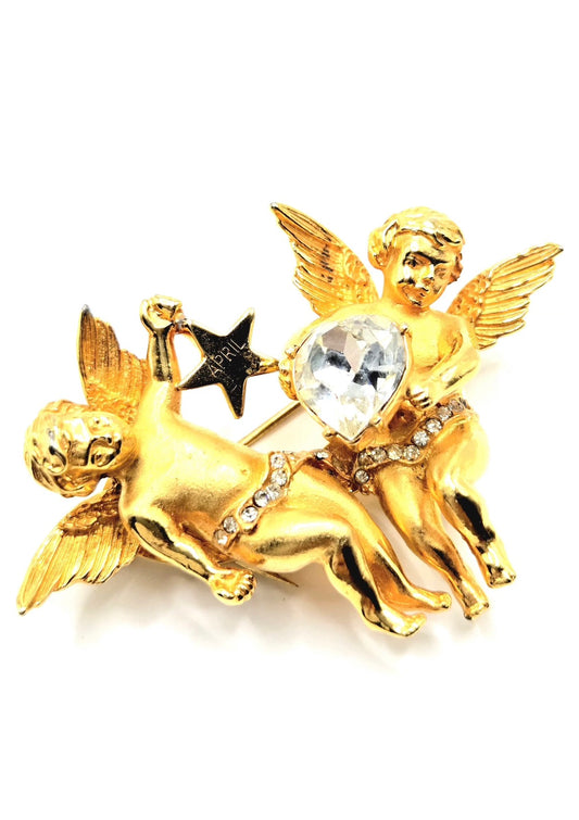 Vintage CORO DUETTE Cherub Angel Baby April Clear Rhinestone gold tone Dress Clip Fur Clip Brooch Pins