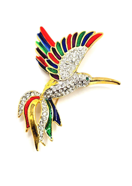 Vintage Beautiful HUMMINGBIRD Red Blue Green Purple Enameled  Rhinestones Gold tone Brooch Pin