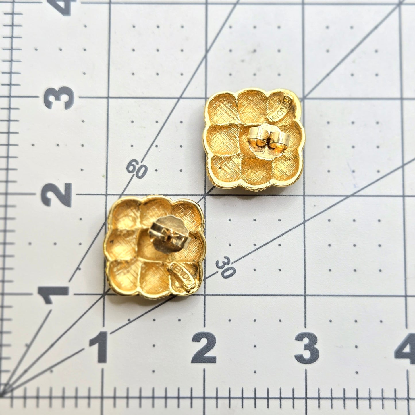 Vintage FENDI Signed FF logo Basket Weave Gold tone square designer runway Earrings