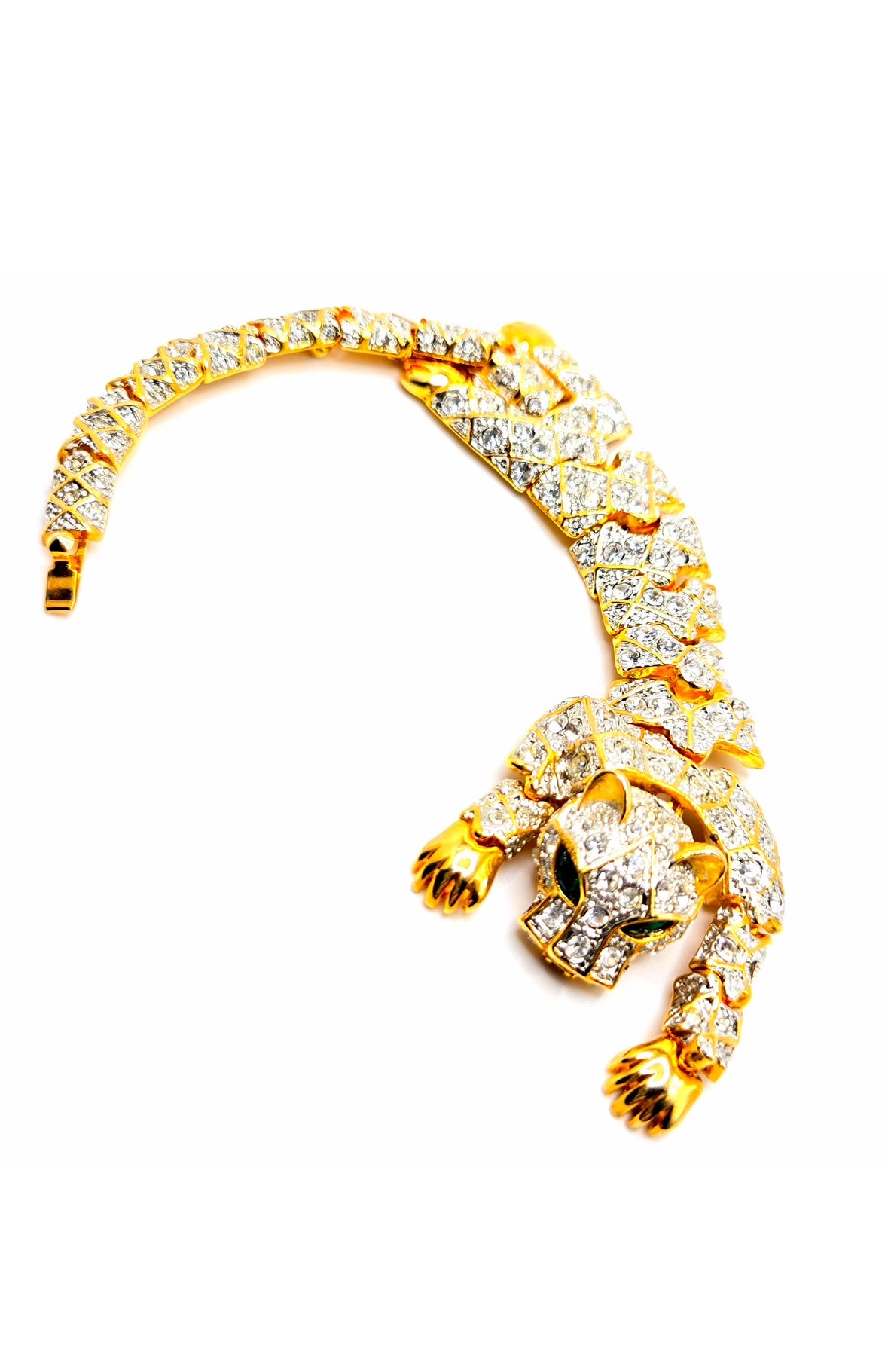 Vintage Articulating Panther Pave Rhinestone Chunky green eyes Cat Tiger  Cheetah Animal Figural Gold Tone Statement Jaguar Runway 80s Bracelet RARE