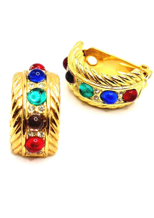Vintage Etruscan multicolor cabochon rhinestones Designer Runway Clip on Earrings