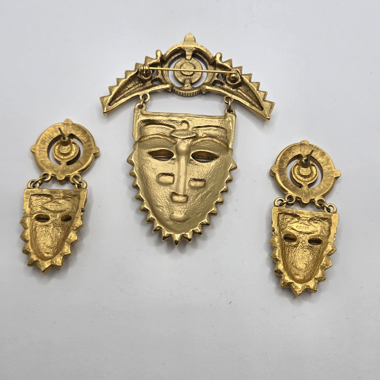 Vintage AVON Tribal Aztec Face Mask Gold tone Rhinestone Brooch Pin and earrings set