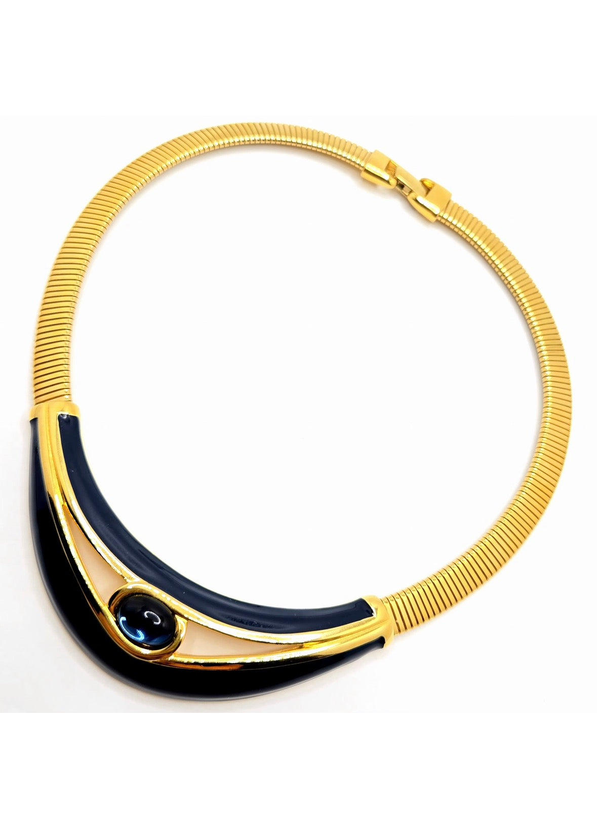 Vintage NAPIER Navy Blue Jelly Belly Cabochon Gold-Tone Enamel Choker Necklace Statement Jewelry
