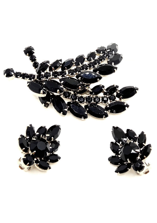 Vintage WEISS Black Navettes Rhinestones Silver tone Brooch Pin and Clip on Earrings set