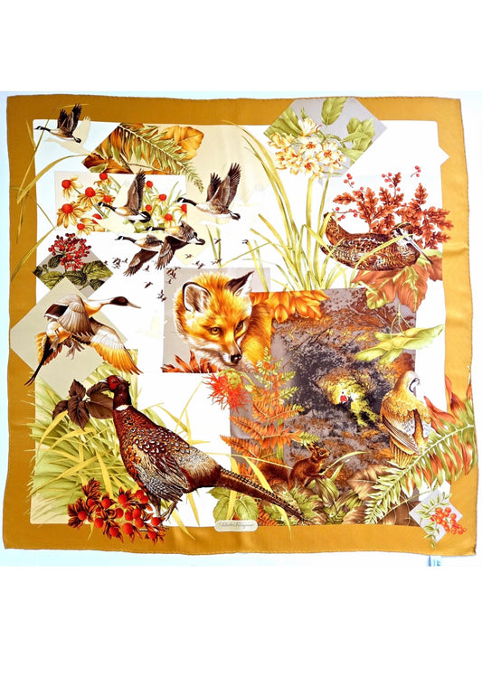 Vintage SALVATORE FERRAGAMO Silk Scarf fall woodland, fox, birds, hunt 34x34