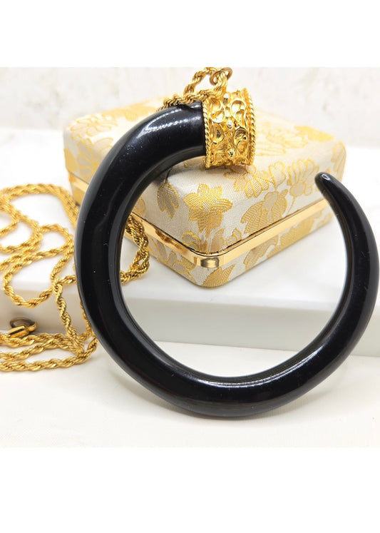 Vintage KENNETH LANE Black Resin Tusk Pendant Gold Tone Chain Necklace