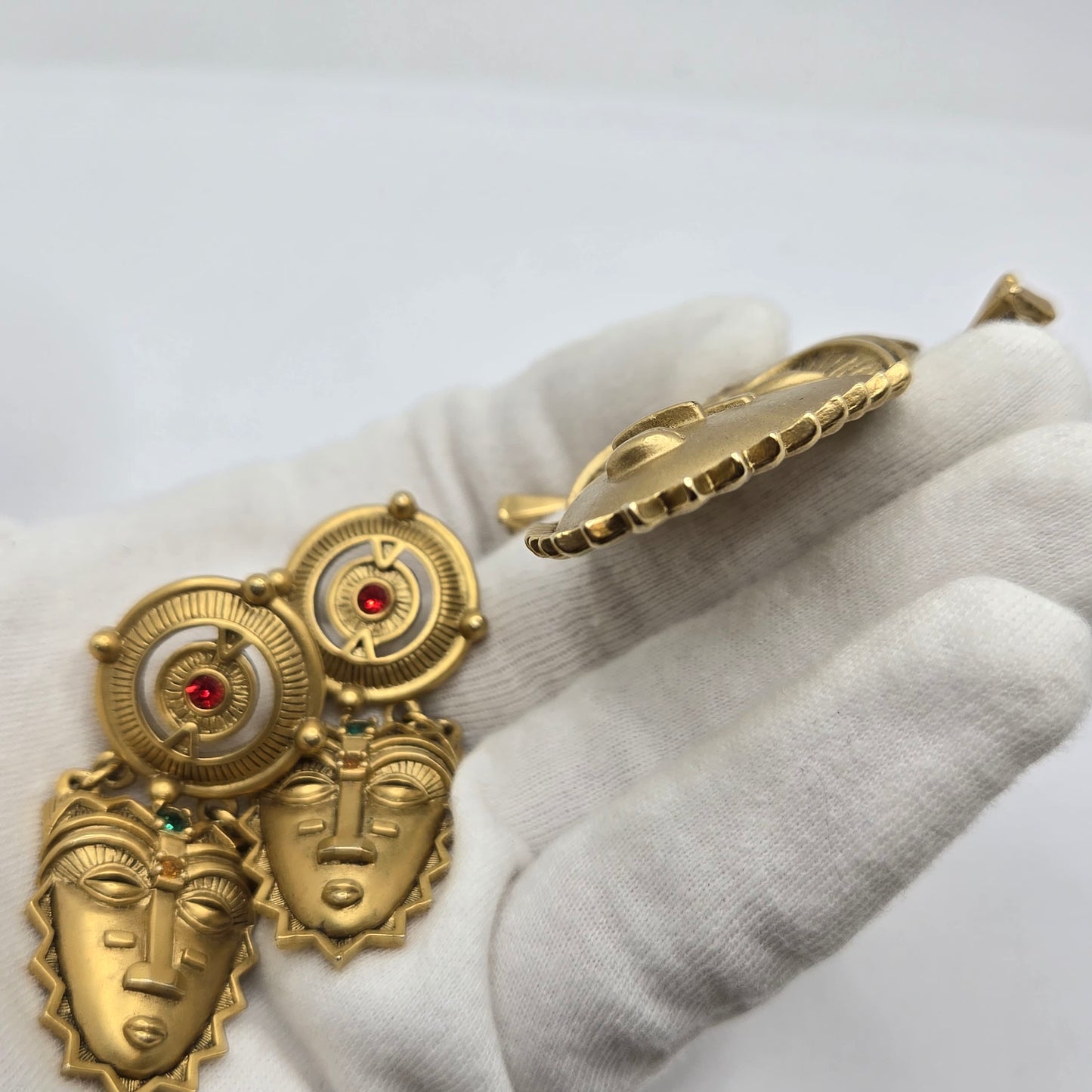 Vintage AVON Tribal Aztec Face Mask Gold tone Rhinestone Brooch Pin and earrings set