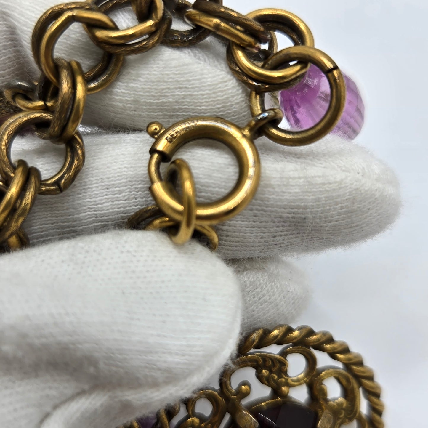 Vtg GERMAN Victorian Revival Crystal purple Charms  Gold Tone Bracelet