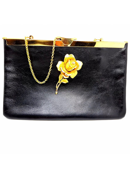 Vintage ETRA black leather clutch bag with ROSE Brooch pin and gold tone chain