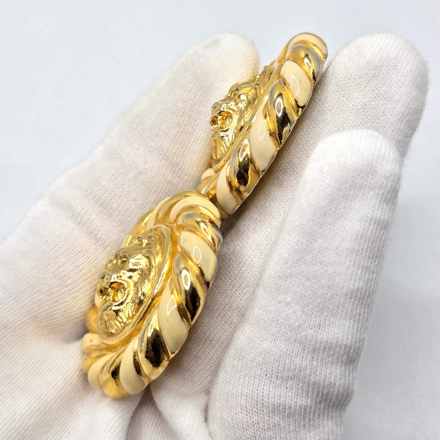 Vintage Anne Klein Lion Head Clip-On Earrings Large Round Cream Enamel Gold Tone Statement