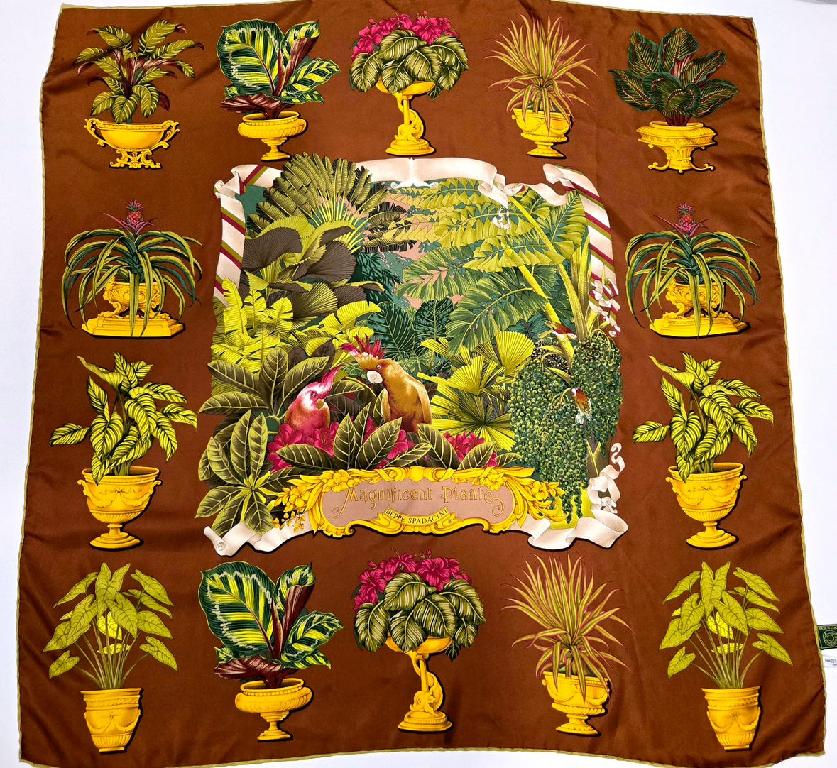 Vintage BEPPE SPADACINI magnificent plants bird floral botanical silk scarf 34x34
