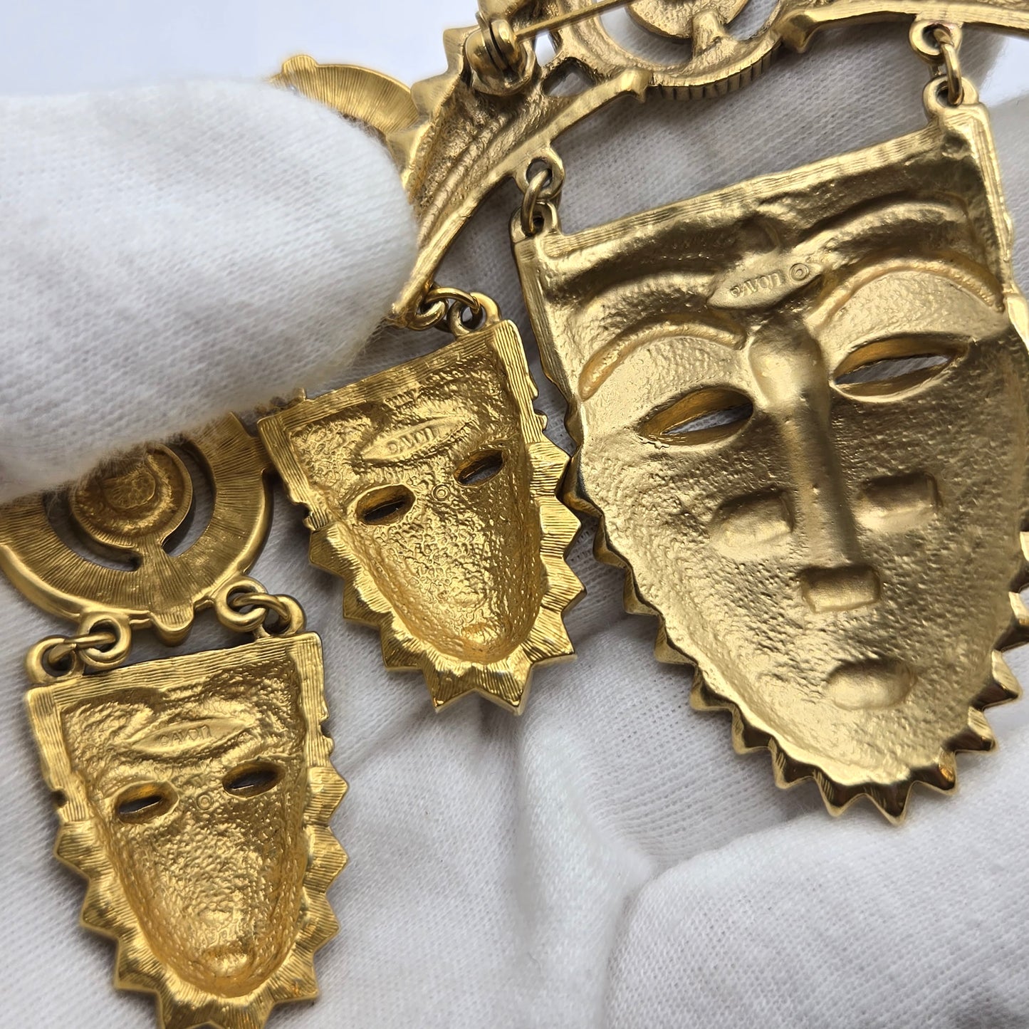 Vintage AVON Tribal Aztec Face Mask Gold tone Rhinestone Brooch Pin and earrings set