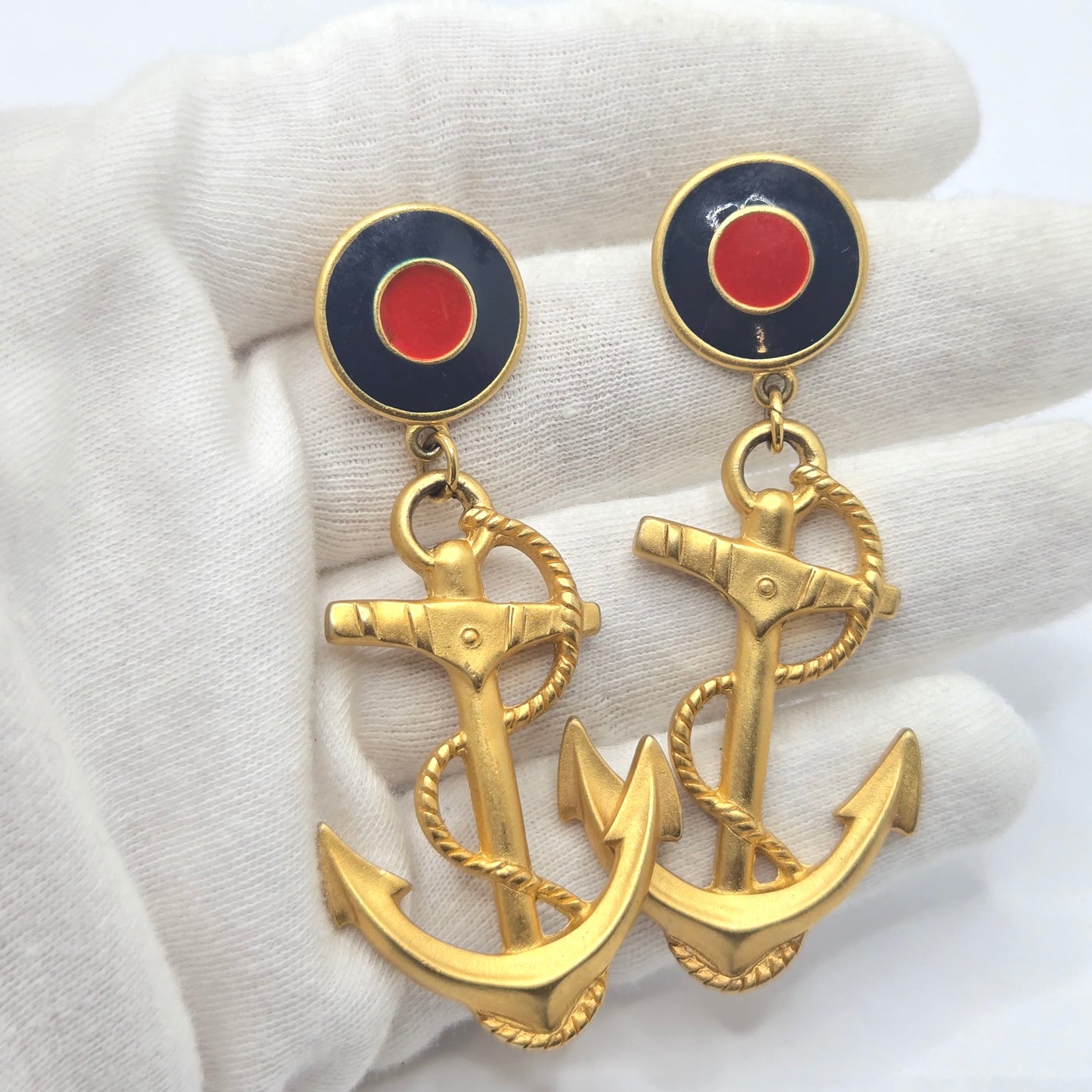 Vintage Designer Runway ANCHOR NAUTICAL Enameled Gold Tone Earrings