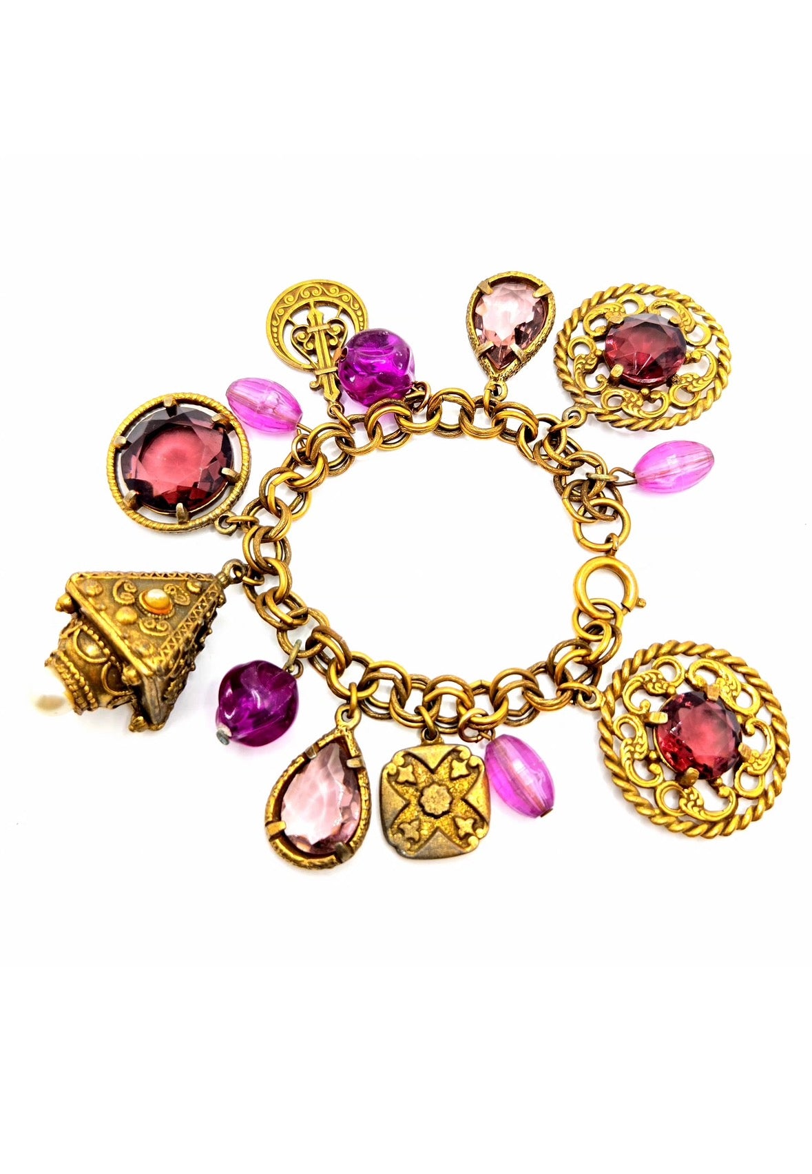 Vtg GERMAN Victorian Revival Crystal purple Charms  Gold Tone Bracelet