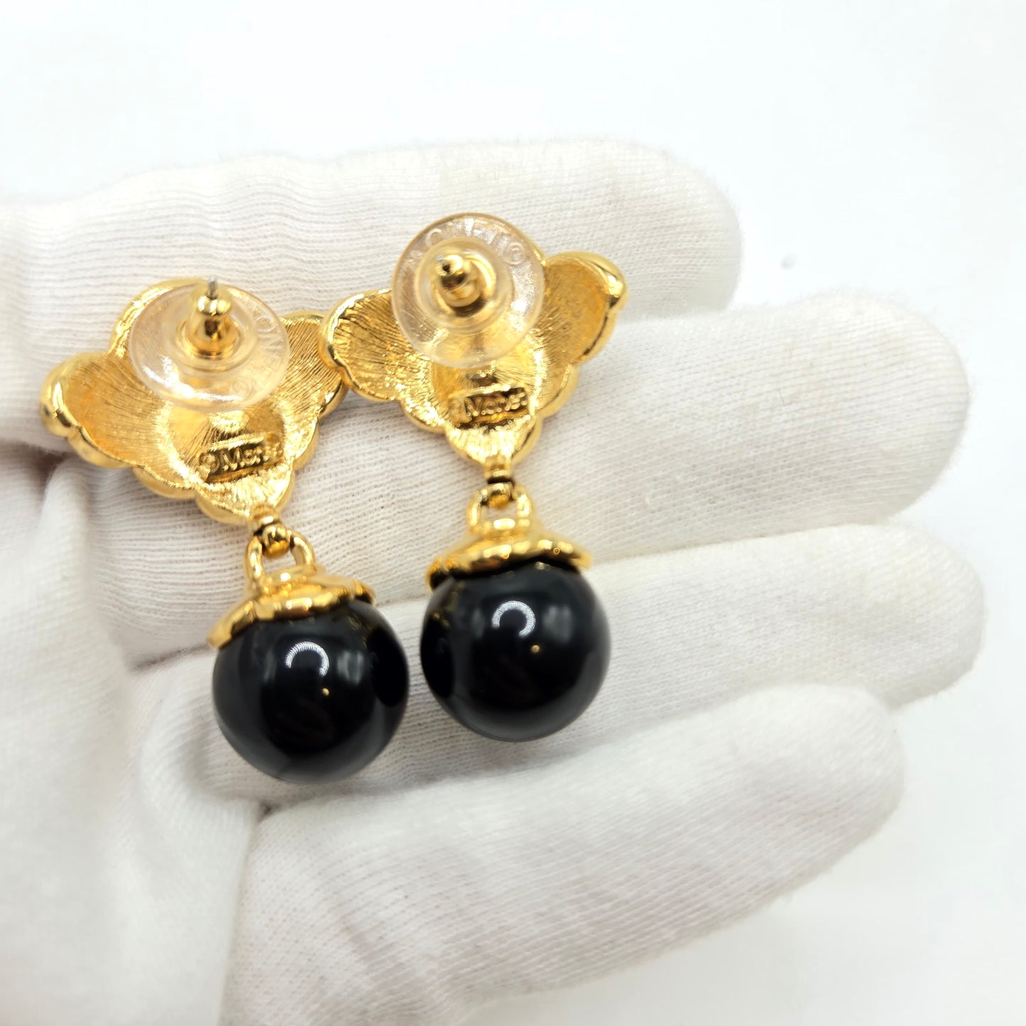Vintage MONET red Rhinestone black enamel dangle earrings designer runway