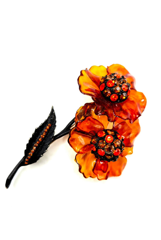 Vintage VENDOME signed huge Amber Lucite Flower rhinestones black Brushed enamel Brooch pin