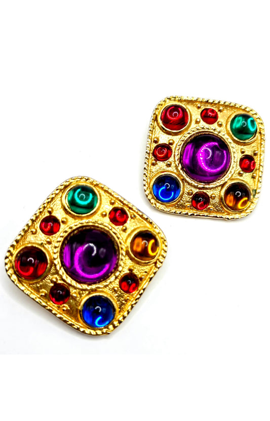 Vintage Huge Designer Runway Moghul Square multicolor cabochon gold tone clip on earrings
