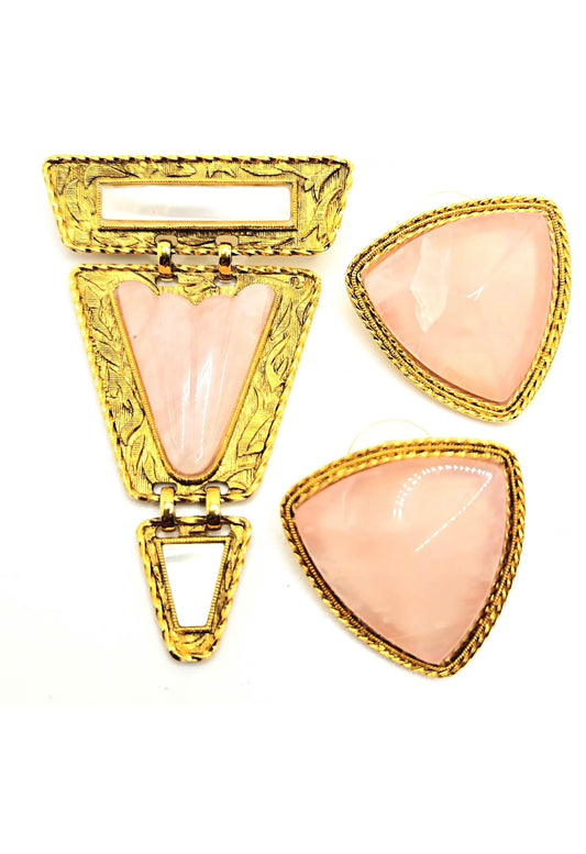 Vintage 1928 Pink Rose Quartz Gold-Tone Brooch Pin with Earrings Set