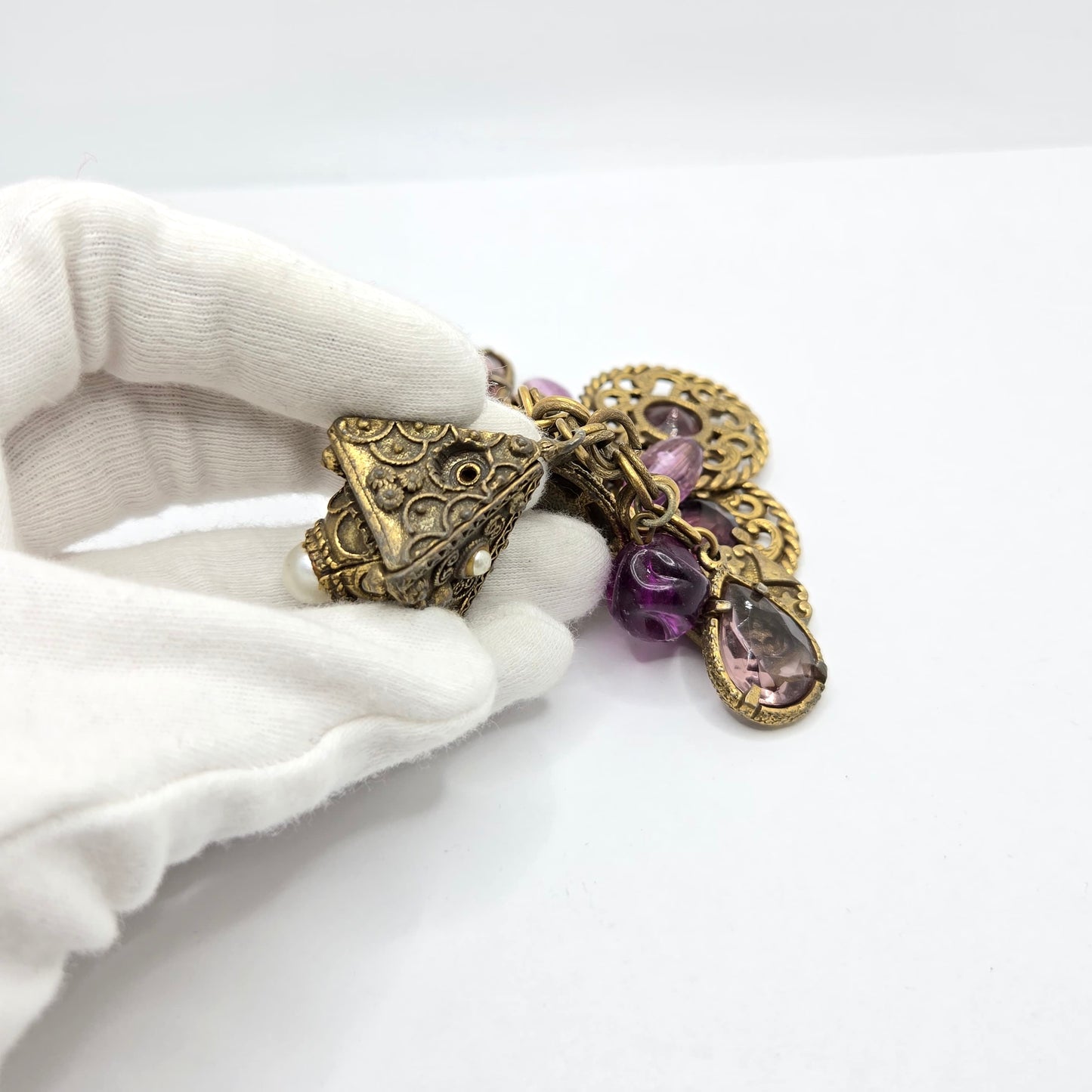 Vtg GERMAN Victorian Revival Crystal purple Charms  Gold Tone Bracelet