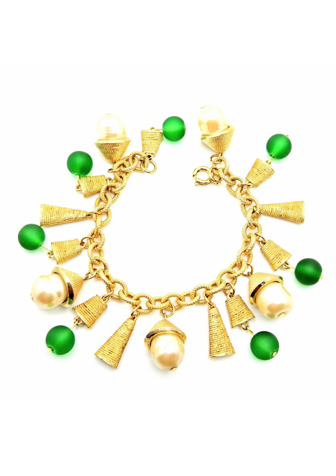 Vintage Gold-Tone Charms Dangle Bracelet with Faux Pearls & Green Glass Beads