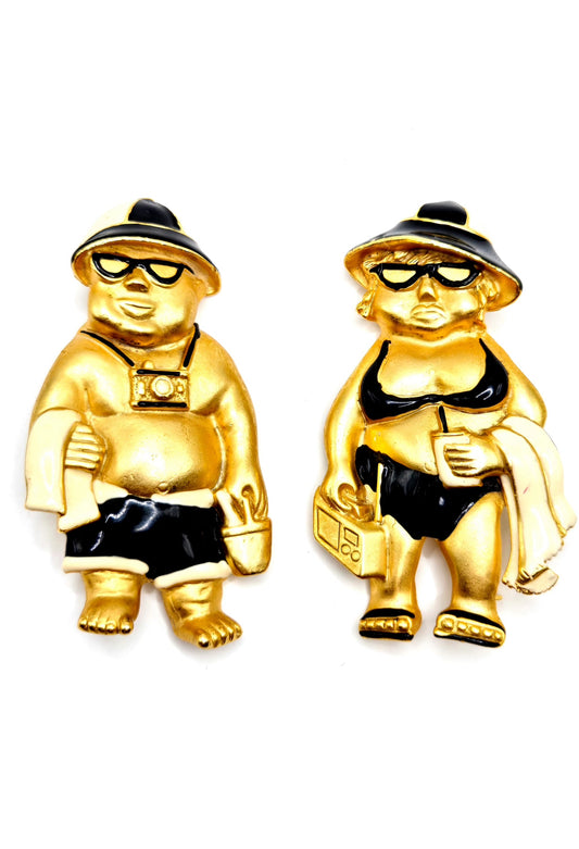 Vintage AJC Signed huge funny beach man and women set gold tone black enamel Brooch pins
