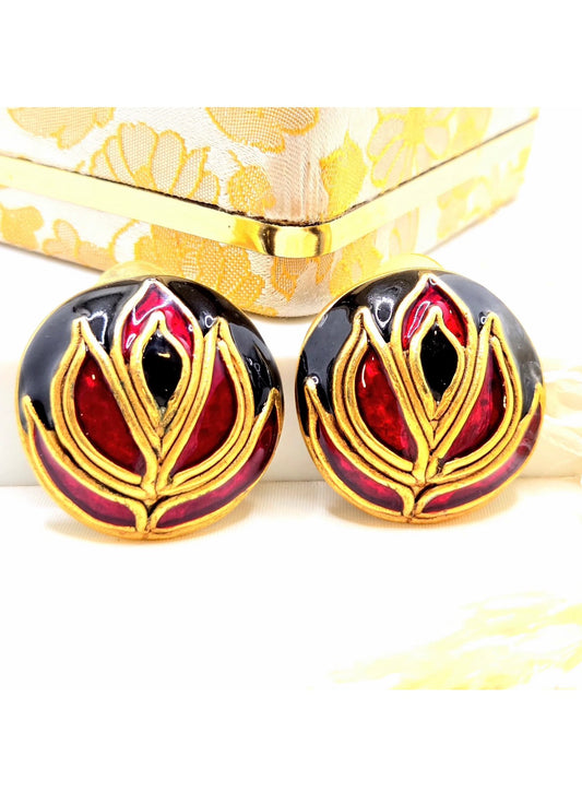 Vintage DON-LIN Round Red & Black Enamel Floral Gold Tone Earrings