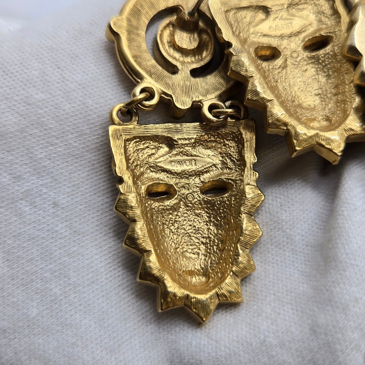 Vintage AVON Tribal Aztec Face Mask Gold tone Rhinestone Brooch Pin and earrings set