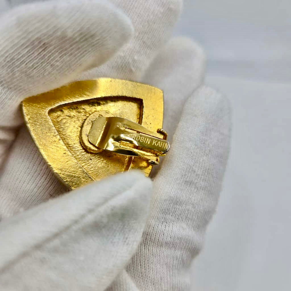 Vintage ROBIN KAHN Large Modernist Red Ruby Rhinestones Gold tone clip on earrings