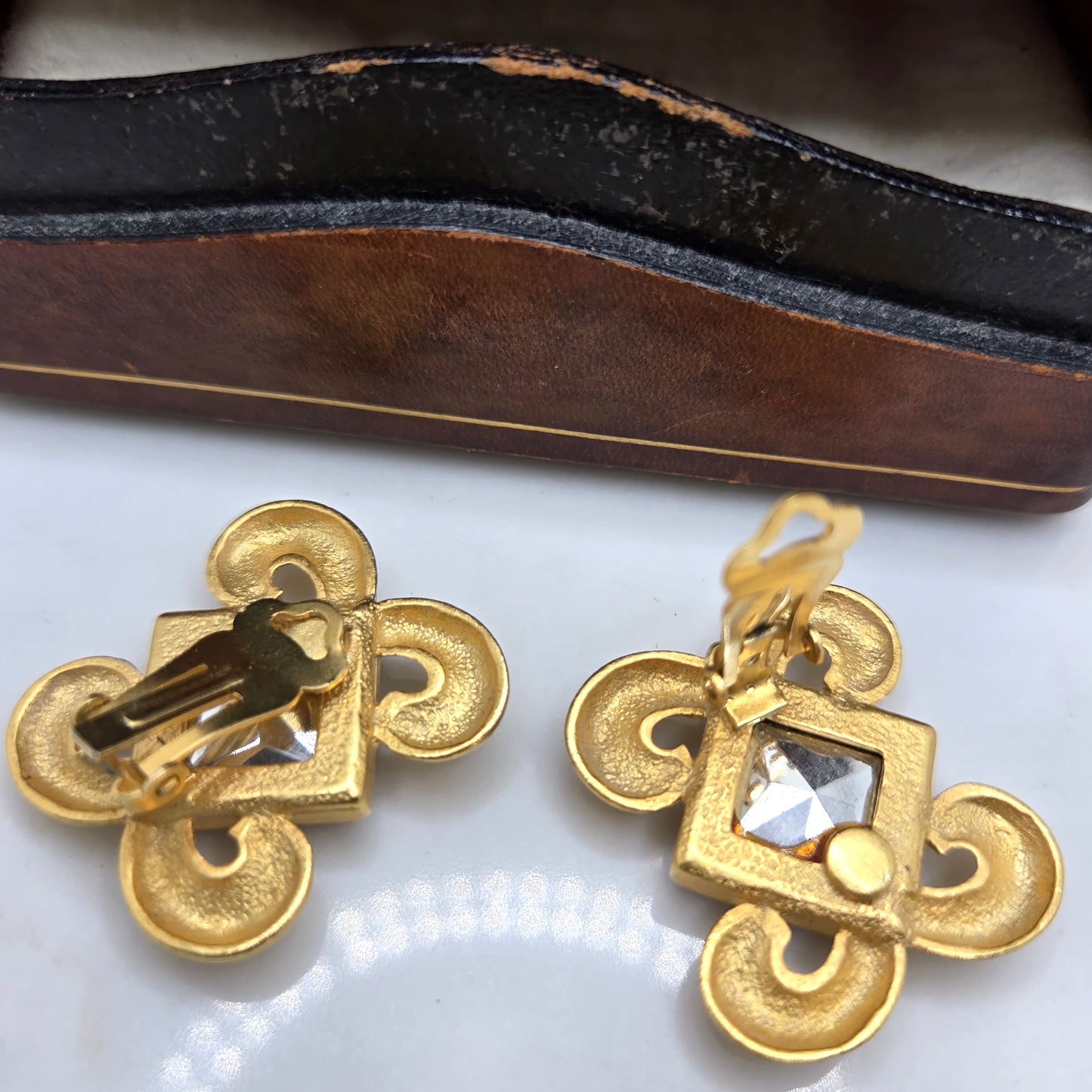 Vintage Designer Runway Byzantine Openwork Gold Tone Red Square Cabochon Clip-On Earrings
