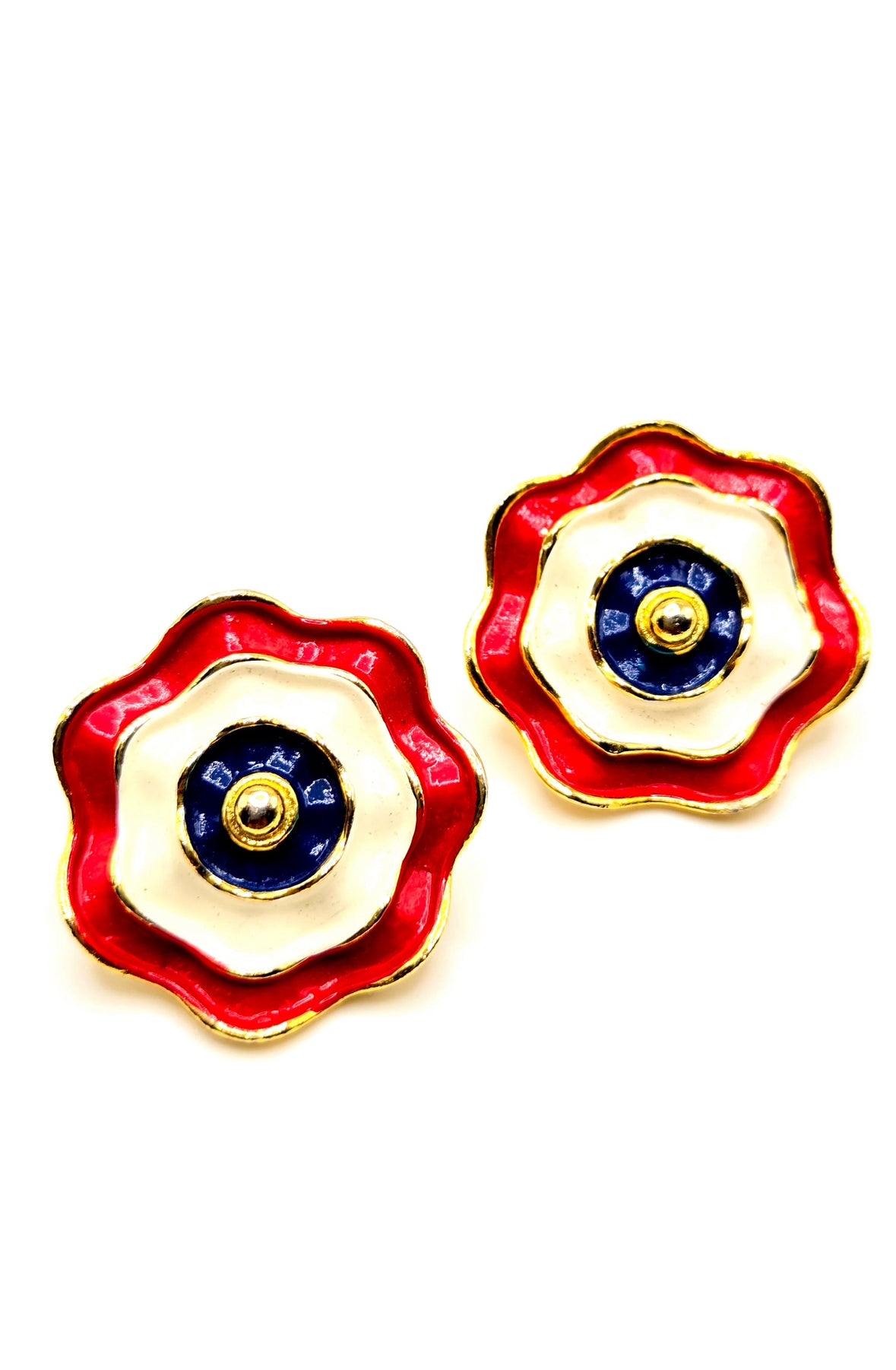 Vintage MARVELLA Patriotic Red White Blue Enamel gold tone clip on earrings