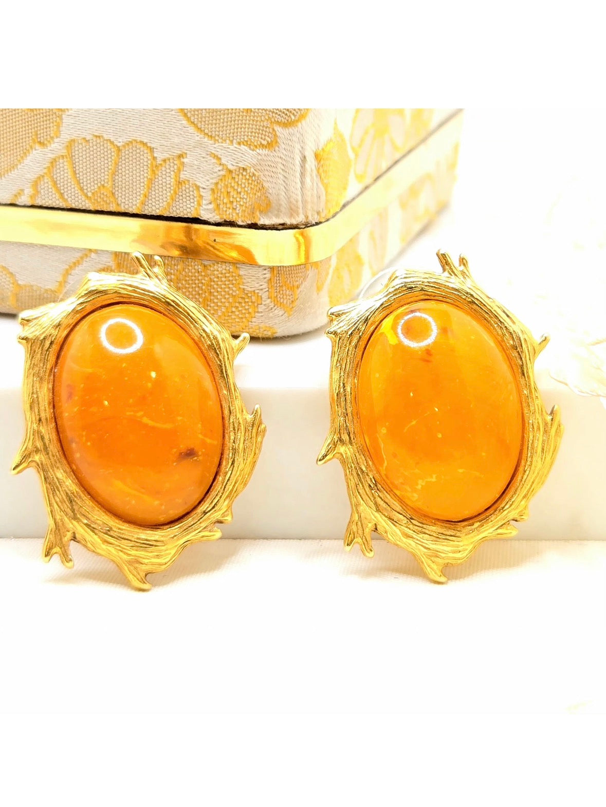 Vintage Designer Runway Amber Lucite Branch Frame Gold Tone Earrings