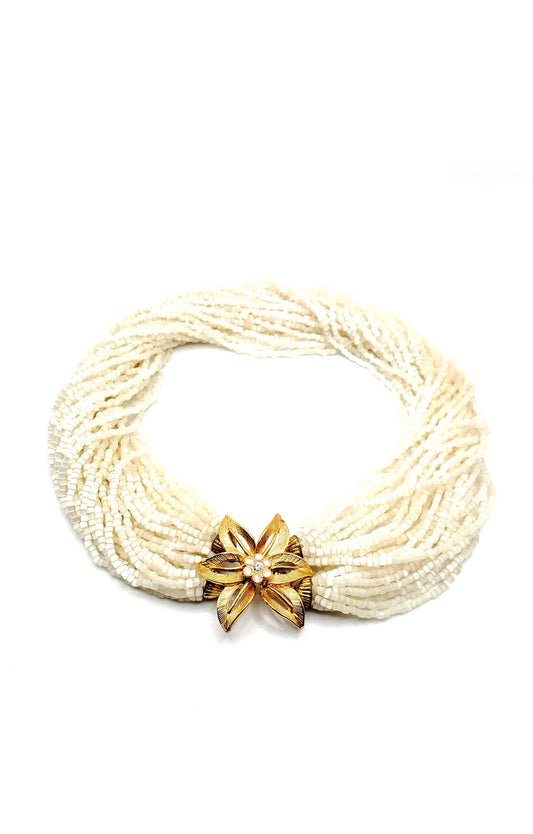 Vintage White Glass Torsade Beads Gold Tone Flower Clasp Collar Necklace