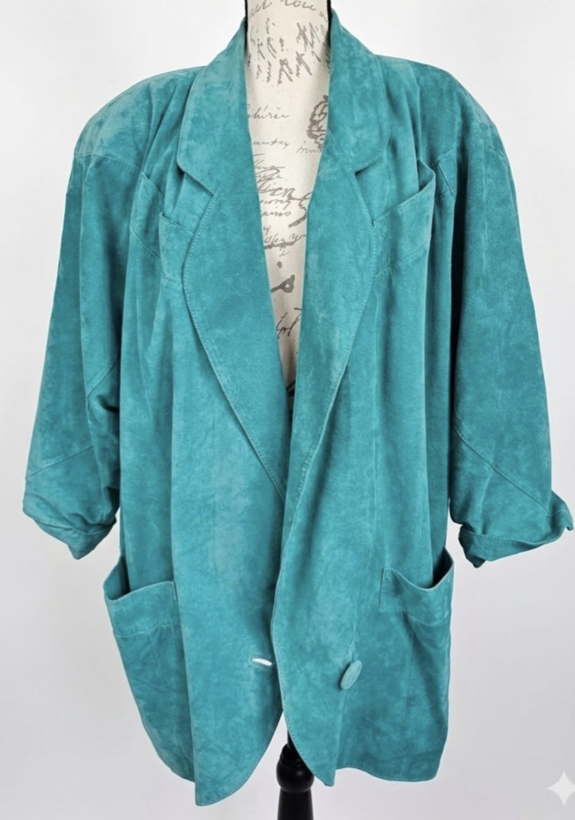 Vintage MADGE'S teal blue suede leather oversized coat jacket shoulder pads size L