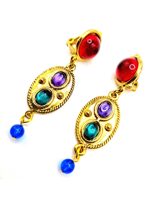 Vintage Moghul multicolor cabochon gold tone dangle clip on earrings designer runway