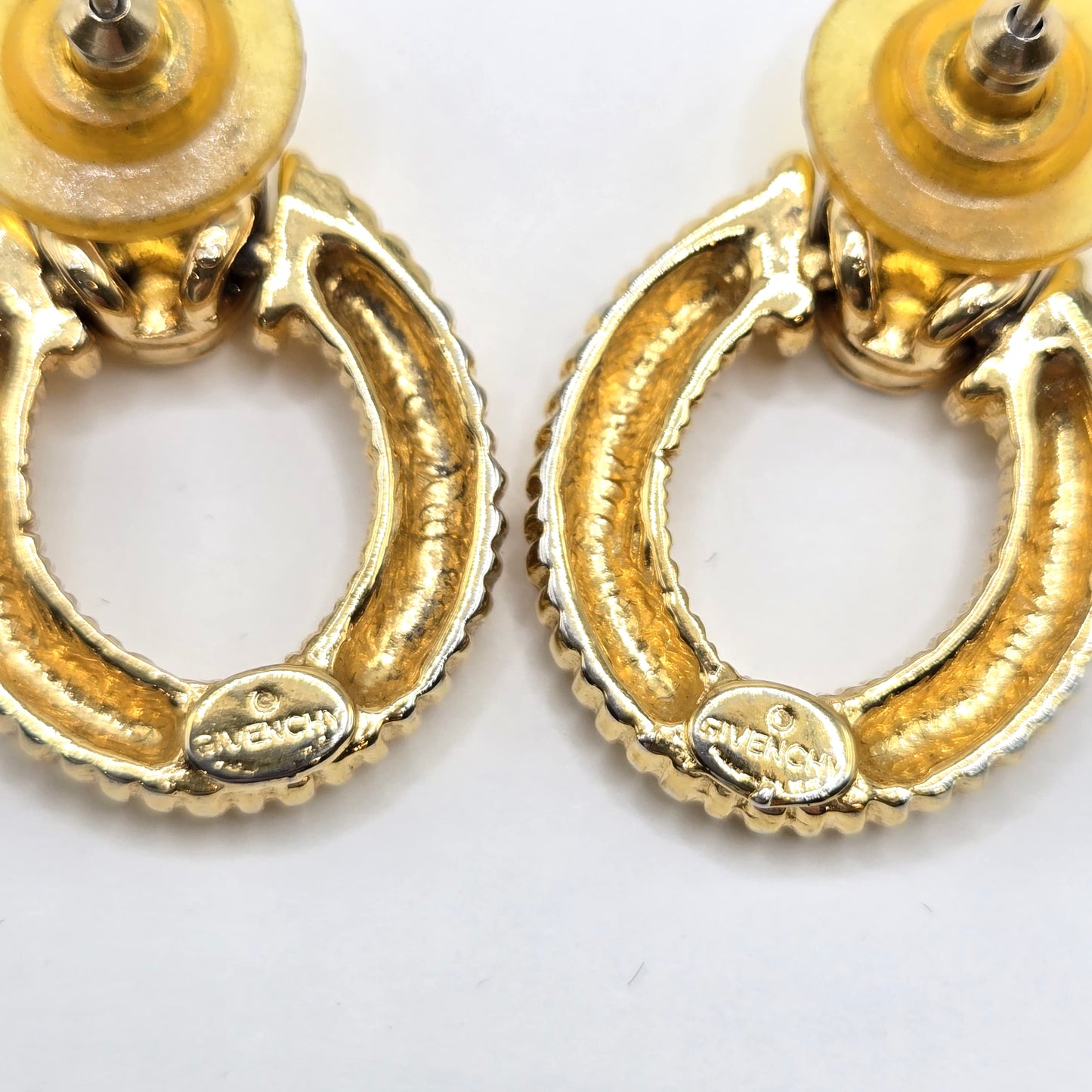 Vintage GIVENCHY logo Door Knocker gold tone dangle designer runway earrings