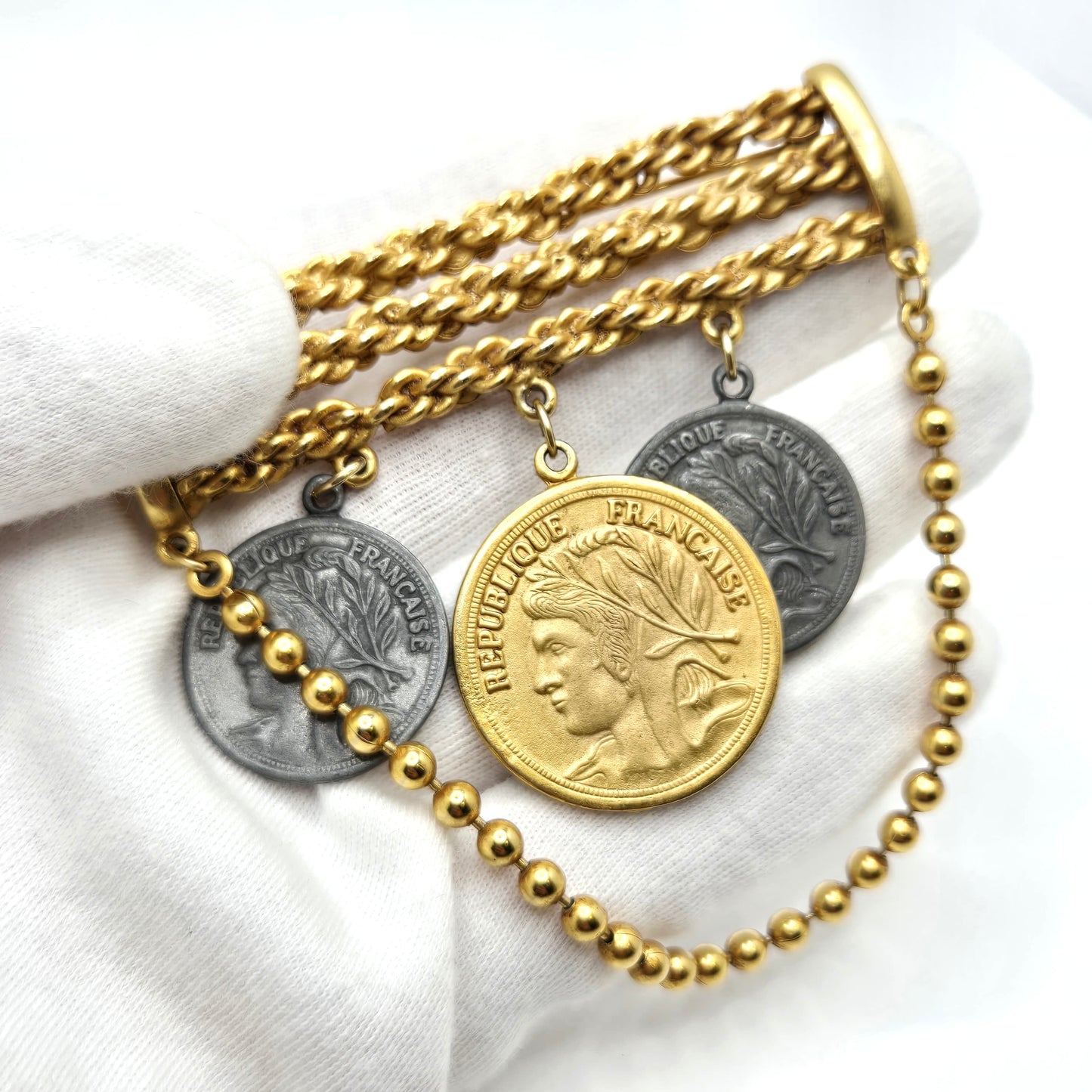 Vintage Republique Francaise Faux Coins Dangle Gold Tone Chain Brooch Pin Designer Runway