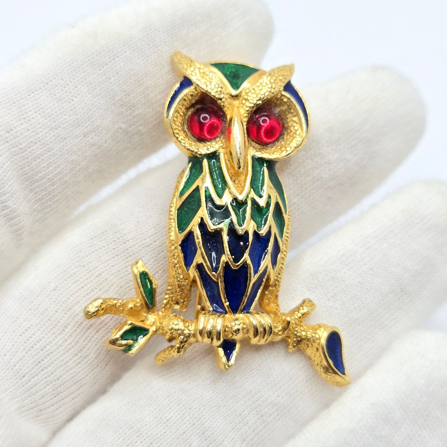 Vintage POLCINI Owl green blue enamel red Cabochon Eyes Brooch Pin